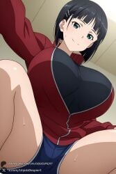 1female 1girls 2026 ai_generated artist_name bangs big_ass big_breasts black_hair black_shirt blue_shorts blunt_bangs blush bob_cut breasts closed_mouth curvy female from_below green_eyes hair_ornament hairclip hi_res high_quality high_resolution highres huge_ass huge_breasts jacket kirigaya_suguha large_breasts long_sleeves looking_at_viewer open_clothes open_jacket patreon patreon_username red_jacket shirt short_hair short_shorts shorts smile solo spread_legs sweat sword_art_online thighs track_jacket unjobdespiert watermark