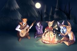 3:2 acoustic_guitar ailurid anthro arctic_fox bangs biped campfire camping canid canine closed_eyes clothed clothed_anthro clothed_male clothing crossed_legs digital_drawing_(artwork) digital_media_(artwork) domestic_cat euca_(repeat) felid feline felis forest forest_background fox front_view fully_clothed fully_clothed_anthro fully_clothed_male group guitar hair hi_res jinny_(repeat) lagomorph leporid male male_anthro mammal moon musical_instrument nature nature_background night outside owen_(repeat) phillip_(repeat) plant plantigrade playing_guitar playing_music plucked_string_instrument rabbit red_panda repeat_(visual_novel) roasting_marshmellows shaded shirokoi short_hair simple_shading sissel_(repeat) sitting string_instrument tattoo three-quarter_view tree true_fox