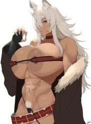 abs aizawa_marimo animal_ears animal_humanoid breasts_bigger_than_head clawed_fingers collar dark-skinned_female dark_skin eyepatch functionally_nude ghislaine_dedoldia grey_hair huge_breasts large_breasts looking_at_viewer mushoku_tensei nipples nipples_visible_through_clothing pubic_hair scar white_background
