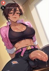 1futa ai_generated balls big_penis blush brown_eyes brown_hair clothing cock dark-skinned_futa dark_skin dickgirl dispatch_(game) futa_only futanari huge_cock indoors invisigal looking_at_viewer medium_breasts penis precum roxygtf short_hair sitting solo sweat sweating sweaty_body
