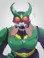 1boy ? ?? arm_up armor armored_male beetle belt blush blush_lines disembodied_hands drool drool_on_chest drooling fingers_in_mouth green_armor hand_up helmet insects kamen_rider kamen_rider_agito_(series) kamen_rider_gills looking_at_viewer male male_focus male_only mask masked masked_male open_mouth pov red_eyes ryo_ashihara sweat sweatdrop sweating tears tears_in_eyes thumb_in_mouth tremble_lines tremble_spikes trembling veins