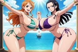 2girls 5_fingers ai_generated ass bare_shoulders beach belly bikini bikini_top black_hair blue_sky boob breasts brown_eyes camisole catburglar_nami cleavage cloud clouds cloudy_sky daylight daytime eyebrows eyelashes female female_only green_bikini green_eyes hand_on_another's_thigh hands_on_another's_shoulders hips huge_ass huge_breasts hugging jpg jpg_conversion jpg_file legs light-skinned_female light_skin long_eyelashes long_hair long_legs miniskirt nami_(one_piece) navel nico_robin one_piece orange_bikini orange_hair pink_lips purple_bikini purple_skirt sea shiny side-tie_bikini sideboob skirt sky smile straw_hat_pirates string_bikini sunlight thick_thighs thighs thin_eyebrows third-party_edit toei toei_animation toei_company tongue underboob very_long_hair water white_trim