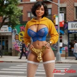 ai_generated black_body black_hair chastity chastity_belt chastity_cage chastity_cage_only chastity_device chastity_device_only funny futa_focus futa_only futanari gold_jewelry laugh laughing shemale