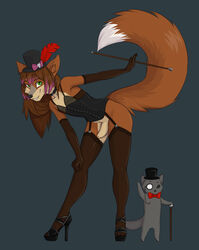 anthro bow_tie cane canine collar corset crossdressing erection feline fishnet fox gentleman green_eyes hat high_heels interspecies legwear little.sparrow male male_only mammal nude penis smile stockings top_hat uncut waving