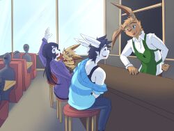2018 4:3 anthro apron blush clothing counter digital_media_(artwork) euca_(repeat) fur furniture group hi_res jinny_(repeat) lagomorph leporid male male/male mammal phillip_(repeat) rabbit repeat_(visual_novel) shirokoi sissel_(repeat) stool