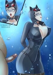 1boy 1girls batman_(series) breathplay catwoman censored censored_penis dc_comics drowning female heathcliff_(artist) male penis peril selina_kyle sexy_punishment suffocation underwater underwater_peril