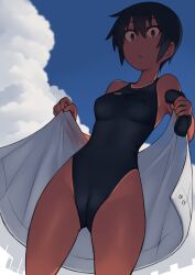 1girls 2d black_eyes black_hair breasts cameltoe clothed clothing clouds dark-skinned_female dark_skin female female_only hair hi_res highres human kuronami_(lvi) lvi oc one-piece_swimsuit original original_character short_hair solo solo_female standing swimsuit swimwear thighs tomboy very_short_hair
