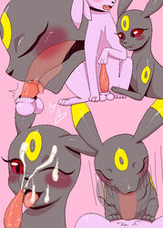 2014 ambiguous_gender balls black_nose blush closed_eyes cum cum_on_face duo eeveelution erection espeon fellatio feral feral_on_feral fur heart internal internal_oral kiriya male mammal nintendo one_eye_closed open_mouth oral penis pink_background plain_background pokemon red_eyes saliva sex tongue tongue_out umbreon video_games