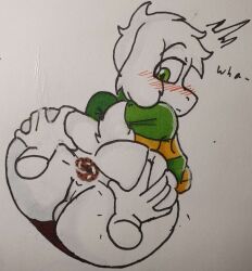 5_fingers absurd_res anthro anus asriel_dreemurr ass backsack balls barely_visible_balls barely_visible_genitalia big_butt blush bodily_fluids bottomwear bottomwear_down bovid butt_grab caprine clothed clothing dialogue disembodied_hand femboy fingers genitals goat hand_on_butt hi_res justsomeidiotonline looking_back male mammal pants pants_down partially_clothed pattern_clothing pattern_sweater pattern_topwear saliva saliva_string sketch solo spread_butt spreading striped_clothing striped_sweater striped_topwear stripes surprised sweater text thick_thighs topwear undertale undertale_(series) wide_eyed