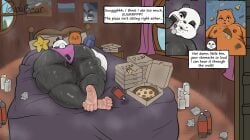 absurd_res anthro ass bear belly big_belly big_breasts bodily_fluids breasts brown_bear brown_body brown_fur cartoon_network detailed_background digital_media_(artwork) duo english_text feet food fur giant_panda grizzly_(we_bare_bears) grizzly_bear hi_res male male/male mammal messy musk musk_cloud musky_butt musky_feet navel nipples nude obese obese_anthro obese_male open_mouth overweight overweight_anthro overweight_male panda_(we_bare_bears) pizza smile softpandabear solo sweat sweaty_feet tail text thick_thighs tongue ursine we_bare_bears white_body white_fur