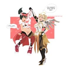2026 2girls black_hair blonde_hair brown_eyes english_text facial_markings fingerless_gloves freidesuu frontal_wedgie gloves hanging_wedgie headband heels kiriko_(overwatch) mercy mercy_(overwatch_2_suit) no_pants overwatch overwatch_2 panties panty_pull partially_visible_vulva ponytail print_panties sneakers sweat sweatdrop tagme text thighhighs watermark wedgie white_panties