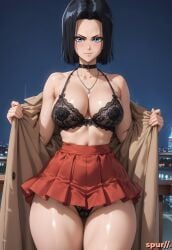 ai_generated android_17 bare_legs bare_shoulders bare_thighs big_breasts black_hair blue_eyes blush breasts choker coat dragon_ball dragon_ball_super dragon_ball_z eyelashes female flashing front_view genderswap_(mtf) happy lace_bra lace_choker lace_panties lace_underwear looking_at_viewer navel outdoors red_skirt rule_63 sky smile spur//. thick_legs