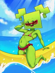 1girls 2025 beach bikini bikini_bottom bikini_top cameltoe eyelashes female female_only flat_chested flat_colors green_body hi_res highres looking_at_viewer mario_(series) mimi_(super_paper_mario) miniskirt nintendo open_mouth open_smile paper_mario revealing_clothes sea shiny_skin sleepiitreat smile smiling smiling_at_viewer smug solo solo_female summer sunglasses sunlight super_paper_mario thick_thighs twintails video_games wet wet_body