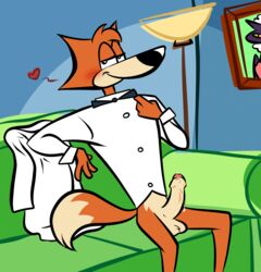 anthro balls bedroom_eyes bottomless bow_tie canine clothed clothing erection fox fur furry half-closed_eyes half-dressed heart humongous_entertainment ladysomnambule looking_at_viewer male male_only mammal penis precum seductive shirt sitting smile sofa solo spy_fox spy_fox_(series) uncut