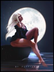 1girls baldur's_gate_3 bare_shoulders barefoot colored elf_female fanart forgotten_realms from_side green_eyes legs long_hair loose_hair moon night outdoors pointy_ears shadowheart sitting white_hair