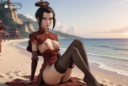 1girls ai_generated arm_support artist_name avatar_legends avatar_the_last_airbender azula beach black_hair black_thighhighs breasts breasts_out brown_eyes capelet china_dress chinese_clothes day detached_sleeves dress hair_ornament hi_res looking_at_viewer medium_breasts nickelodeon nicktoons nipples no_panties nose ocean outdoors r34arts red_dress sand sitting sky solo thighhighs water