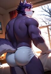 1boy abs after_class ai_generated almost_naked almost_nude anthro ass bara big_ass bubble_ass bubble_butt buff canine embarrassed furry hunk male male_only muscular muscular_male revealing shy tight_clothing visual_novel walter wolf yaoi