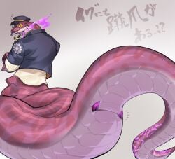 animal_genitalia apode clothing draconcopode genital_slit genitals hat headgear headwear hi_res jacket japanese_text legless lifewonders living_tail male naga omisokatu0141 pink_body pink_scales reptile scales scalie serpentine snake snake_tail solo spurs_(anatomy) tail text tokyo_afterschool_summoners topwear unusual_anatomy unusual_tail yellow_eyes yig_(tas)
