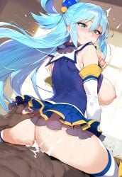 1boy 1girls ai_generated aqua_(konosuba) big_ass big_breasts blue_eyes blue_hair cowgirl_position dark-skinned_male ded_173 interracial kono_subarashii_sekai_ni_shukufuku_wo! pussy sex skirt