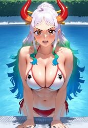 ai_generated bathing_suit belly_button blush breasts cleavage day daytime horns one_piece red_bottomwear shiny_skin swimming_pool swimsuit swimwear wet white_topwear yamato_(one_piece)