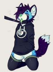 anthro beverage canid canine clothing collar eight_(dont_jinxit) female fox fox_tail genitals hi_res jinxit leash legwear mammal nude pussy solo stockings