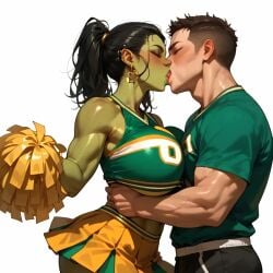 ai-created ai_art ai_assisted ai_generated big_breasts black_hair boobs_bigger_than_head breasts closed_eyes clothed clothed_female clothed_male clothing dnd dnd_character earrings fantasy female gigantic_breasts gold_earrings green-skinned_female green_body green_skin huge_boobs huge_breasts human human_male kissing light-skinned_male light_skin long_hair male male/female monster_girl muscular muscular_male orc orc_female orced ponytail tits_bigger_than_head