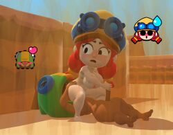 3d 69_position aged_up baller_2206 brawl_stars breasts female_on_top grabbing_ass grabbing_penis hiding_in_bushes highres jessie_(brawl_stars) leon_(brawl_stars) male_on_bottom oral_sex penis pleasured prisma3d supercell
