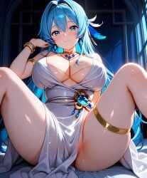 ai ai_generated armlet bare_shoulders blue_eyes blue_hair blush bracelet breasts cleavage closed_mouth dress earrings feather_hair_ornament feathers female goddess_of_victory:_nikke gold_choker hair_between_eyes hair_intakes hair_ornament hairband hand_up helm_(chandelier)_(nikke) helm_(nikke) indoors jewelry large_breasts long_hair looking_at_viewer necklace nikkechun no_panties pelvic_curtain sidelocks sitting sleeveless sleeveless_dress smile solo spread_legs thigh_strap thighlet thighs very_long_hair white_dress