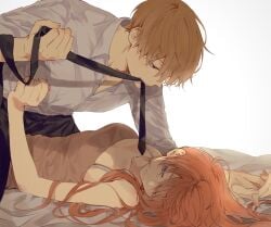 11dingdong aged_up alternate_costume blue_eyes blush embarrassed female fully_clothed gintama hair_down holding_hands interlocked_fingers kagura_(gintama) long_hair male male_on_top necktie okita_sougo on_back on_bed orange_hair pinned pinned_down shy straddling sweatdrop tank_top