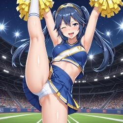 ai_generated cheerleader cheerleader_outfit exposed_armpits fire_emblem fire_emblem_awakening flexible leg_raised lucina_(fire_emblem) pussy_lips tongue_out twintails white_panties wink winking winking_at_viewer
