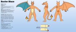 3_toes 5_fingers absurd_res anthro back_wings backsack balls baxter_blaze blue_background blue_eyes blue_wings charizard claws countershade_genitalia countershade_tail countershade_torso countershading cyberdiaperman digital_drawing_(artwork) digital_media_(artwork) draconic dragon_tail fan_character fangs feet finger_claws fingers fire flaming_tail front_view gem generation_1_pokemon genital_jewelry genital_piercing genitals glans_piercing glistening glistening_eyes hi_res jewelry jewelry_glint jewelry_only male membrane_(anatomy) membranous_wings model_sheet nintendo nude nude_anthro nude_male orange_arms orange_body orange_face orange_feet orange_hands orange_legs orange_snout orange_wings penis penis_piercing piercing pokemon pokemon_(species) pokemorph prince_albert_piercing rear_view reptile ruby_(gem) scalie side_view simple_background solo tail tan_balls tan_body tan_genitals tan_penis teeth text toe_claws toes white_claws white_fangs white_finger_claws white_toe_claws wings