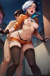 ai_generated black_gloves black_hair black_legwear black_panties blue_eyes blush breasts breasts_apart breasts_outside female fingerless_gloves gloves jacket medium_breasts multicolored_hair navel nipples open_clothes open_jacket open_mouth panties sex shirt_lift short_hair shorts standing standing_sex straight sweat thighhighs underwear
