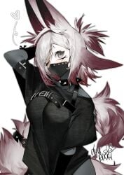 animal_ears bangs breasts dya_rikku dya_rikku_(vtuber) eyebrows_visible_through_hair female fox_tail grey_eyes grey_hair hair_over_one_eye heart long_sleeves looking_at_viewer mask mouth_mask short_hair solo striped tail vyugen white_background