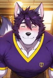 1boy abs after_class ai_generated anthro bara buff canine furry hunk male male_only muscular muscular_male pecs pecs_focus revealing sexy tight_clothing tight_shirt visual_novel walter wolf