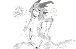 14:9 2018 animate_inanimate anthro biped blush breasts censor_bar censored chinese_description duo featureless_breasts female female_anthro fully_inside genitals grin hair hand_on_butt hand_on_own_butt hi_res horn human ineffective_censorship living_clothing male male_human mammal monochrome motion_lines mxl non-mammal_breasts non-mammal_hair nude pussy scalie simple_background smile spot_color standing stomach_bulge tail trapped_in_clothing white_background yellow_eyes