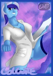 abstract_background anthro big_breasts blue_eyes blue_fur breasts cleavage clitoris clothed clothing colgate_(mlp) crazedwd equine female friendship_is_magic fur hair hi_res hooves horn legwear long_hair looking_at_viewer mammal minuette_(mlp) my_little_pony presenting pussy raised_leg smile solo stockings text toothbrush two_tone_hair unicorn