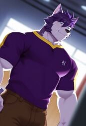 1boy abs after_class ai_generated anthro bara buff canine furry hunk male male_only muscular muscular_male revealing sexy sultry tight_clothing visual_novel walter wolf