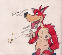 10s 1boy 2013 anthro atlus canid canine canis cigarette decker_(go!_go!_hypergrind) english_text erection foreskin furry furry_only go!_go!_hypergrind male male_only nipples penis red_fur solo text traditional_media uncircumcised unverified video_games wolf