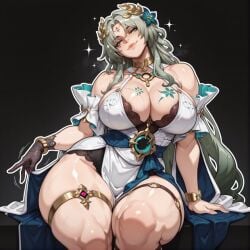 ai_generated bare_thighs blush flower_in_hair gigantic_breasts goddess green_eyes grey_hair huge_breasts huge_thighs light-skinned_female light_skin long_hair looking_at_viewer massive_breasts mature_female milf original smiling solo_female squatting sweat sweatdrop thick_body thick_female thick_thighs thighs voluptuous voluptuous_female yashugai