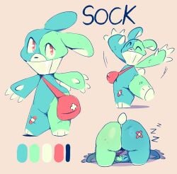 ambiguous_gender animate_inanimate anthro ass band-aid bandage big_butt blue_body closed_eyes cone_of_shame english_text green_body handbag hi_res kkoart lagomorph leporid living_plushie looking_at_viewer mammal medical_instrument multicolored_body nude plushie rabbit red_eyes scientific_instrument sleeping sock_(kkoart) solo text thick_thighs two_tone_body