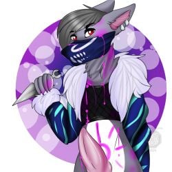 1:1 anthro brokenvocaloid canid canine canis clothed clothing cosplay erection femboy fish fur fur_trim genitals hair hi_res hybrid jacket kaisharkwolf kda league_of_legends looking_at_viewer male mammal marine mask paint penis riot_games shark solo spray_paint tencent topwear wearing_mask wolf