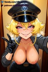 ai ai_assisted ai_generated anime artist_name belt black_gloves black_pants blonde_hair blue_eyes blush breasts breasts_out collarbone dibzprintz fansly female gloves grin hair_between_eyes hat hi_res high_quality high_resolution highres large_breasts looking_at_viewer military_hat military_uniform nipples no_bra open_clothes pants peaked_cap selfie short_hair smile solo tanya_degurechaff uniform v watermark youjo_senki