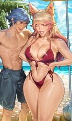 ahri ahri_(league_of_legends) ai_generated beach bikini breasts ezreal female league_of_legends mommy pretty_boy thick_thighs
