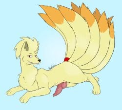 2025 accessory animal_genitalia animal_penis canine_genitalia canine_penis feral fluffy fluffy_chest fur furgonomics generation_1_pokemon genitals head_tuft hi_res kerilyn knot knotted_penis looking_at_viewer male multi_tail ninetales nintendo outstretched_leg penis pokemon pokemon_(species) smile solo solo_focus tail tail_accessory tailband tuft yellow_body yellow_fur