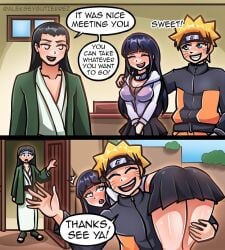 1girls aleksey_gutierrez blush carrying carrying_partner comic couple english_text female hyuuga_hinata naruto naruto_(series) nervous uzumaki_naruto waving