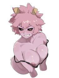 areolae black_eyes blush boku_no_hero_academia boobs breasts dashi_art horns horny horny_female mina_ashido my_hero_academia naughty naughty_face nipples pink_body pink_hair pink_nipples shirt solo solo_female solo_focus squeezing squeezing_breast teeth teeth_showing