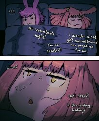 1girls 2boys bed bunny_ears bunny_girl cheating cheating_girlfriend closed_eyes comic cuckold english_text hasselnut netorare ntr open_mouth original pink_hair precum precum_drip precum_on_face sleeping smile text tommy_(wolfgang_bang) valentine's_day wolfgang_bang yellow_eyes zzz