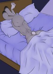anthro ass bed big_ass black_body black_fur breasts cotton_tail dipstick_ears disney ear_markings female fur furniture grey_body grey_fur hi_res judy_hopps lagomorph leporid lying mammal multicolored_ears necroeddie nude on_bed on_front pillow rabbit sleeping solo thick_thighs wide_hips zootopia