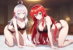 2girls ahoge ai_generated alisa_mikhailovna_kujou bed bedroom big_ass_(female) big_breasts bikini black_bikini blue_eyes blush crimson_hair_female crossed_bangs crossover crossover_ship crossover_shipping curvy_females demon_girl female females_only hair_ribbon high_school_dxd hourglass_figured_female huge_ahoge indoors interspecies lesbians light-skinned_female long_hair_female loose_hair lovehuwu milky_white_skin red_ribbon rias_gremory russian_girl silver_hair_female sky_blue_eyes smile thick_thighs tokidoki_bosotto_russian_de_dereru_tonari_no_alya-san very_long_hair_female voluptuous_female wide_hipped_female yuri