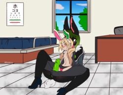 anthro arm_support big_penis black_fur blonde_hair blush bottomless breasts clothed clothing duo foot_fetish footjob fur futanari green_eyes green_hair green_penis hair half-dressed headband high_heels hinata-rabbit human intersex lagomorph legwear mammal nipples orange_eyes panties penis precum pussy rabbit reclining size_difference skirt thigh_highs underwear young